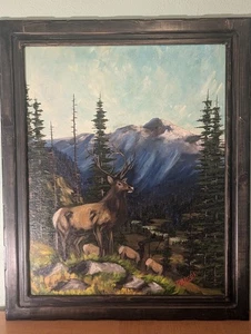 1940's Large Framed Oil on Artboard of Elk In Rocky Mountains Signed Daleek $150 - Picture 1 of 6