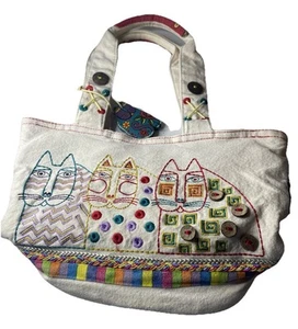Laurel Burch Embroidered Canvas Purse Cat Design Branded Zipper Pulls Wood Tag - Picture 1 of 22