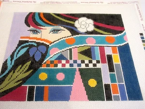 LEE ASIAN GIRL GEOMETRIC Handpainted Needlepoint Canvas 13 ct - Picture 1 of 3