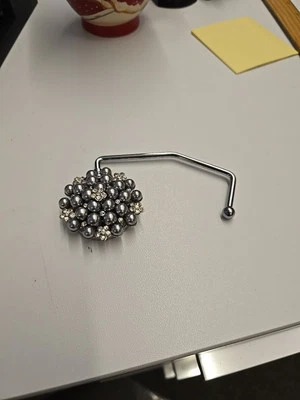 Handbag Purse Table Hook Hanger Holder Silver w/ Clear Rhinestone Jeweled Flower - Image 1 of 4