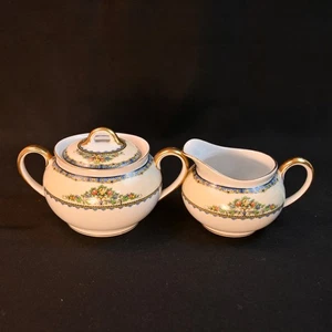 Noritake Creamer & Sugar w/Lid Japan 1918-1931 Avril Floral w/Gold Blue Green - Picture 1 of 21
