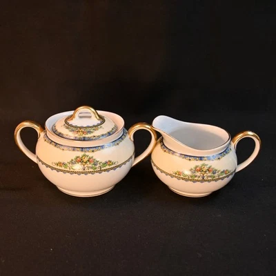 Noritake Creamer & Sugar w/Lid Japan 1918-1931 Avril Floral w/Gold Blue Green - Image 1 of 4