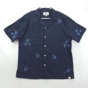 Free Planet Shirt Mens XL Navy Blue Seersucker Embroidered Floral Camp Button Up - Picture 1 of 12
