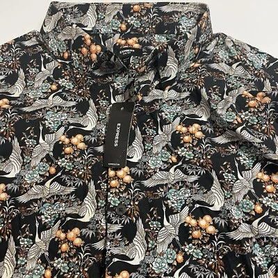 NWT Express LS Button Shirt Black Floral CRANE Sz XL NWT $68 - Image 1 of 4
