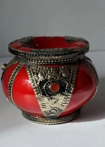 Handcrafted Moroccan Ceramic Ashtray Vintage W Metal Trim Smokeless Burnt Red - Picture 1 of 7