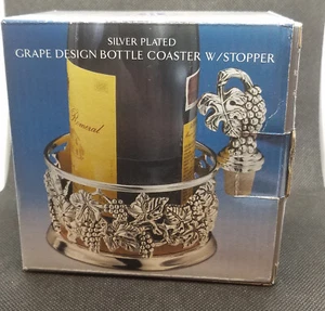 Silver Plated Grape Design Wine Bottle Coaster W/Stopper Cork Barware NIB - Picture 1 of 13