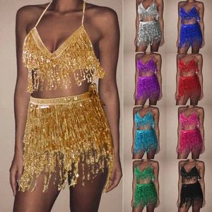 Women Sequin Belly Costume Suit Tassel Wrap Mini Skirt Club Dancing Tops Skirts - Picture 1 of 21