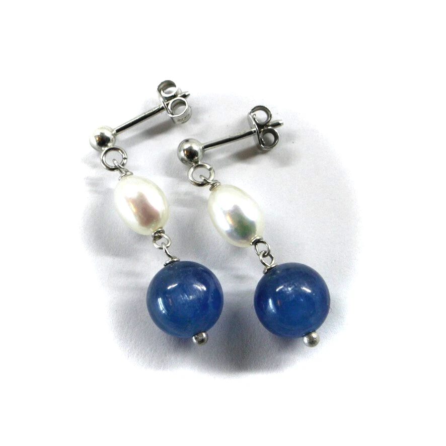Pendientes colgantes oro blanco 18k con esferas redondas de cianita azul de 8mm perlas ovaladas Foto 1 de 4