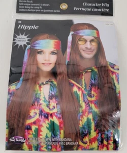 Adult Unisex Halloween Red Hippie Long Hair Wig & Bandana Costume Accessory - Picture 1 of 2