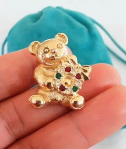 Vintage Gold Tone Teddy Bear Pin Lapel Christmas Rhinestones Red Green CUTE. - Picture 1 of 3