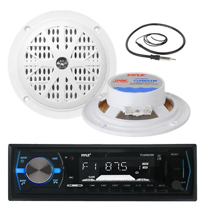 4" White Marine 100W Speakers, Antenna, Pyle Black AM FM AUX Marine Receiver - Image 1 of 4