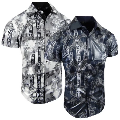 Men Short Sleeve Shirt Italian Striped Floral Paisley Flip-Cuff Stretch Slim Fit - Image 1 of 2