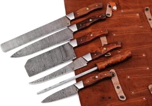 Custom made damascus steel kitchen/chef's knife set with leather roll bag ZE-712 - Picture 1 of 4