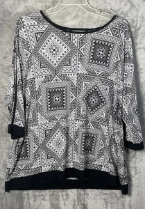 C.J. Banks Women’s Black/White Round Neckline 3/4 Length Sleeve Blouse Size 2X - Picture 1 of 6