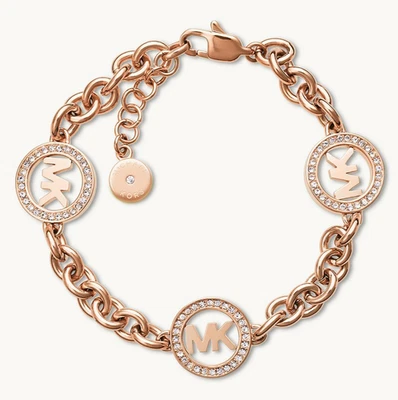 MICHAEL KORS Fulton MK Logo Rose Gold Chain Bracelet Crystals MKJ4731791 +MK BOX - Image 1 of 3