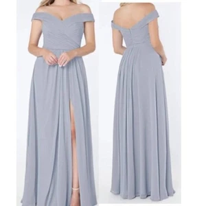 Azazie Chiffon Maxi Dress Size 8 Grey Elegant Off Shoulder Party Bridesmaid NEW - Picture 1 of 5