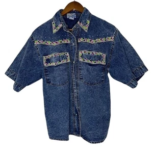 Camisa Vaquera Pretty Bleu Vintage Western Pearl Cuentas Manga Corta M Y2K Años 90 - Imagen 1 de 7