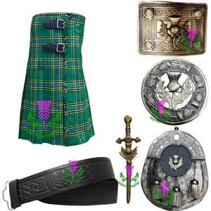 Men's Scottish Irish National Tartan Acrylic 8 Yards 16oz/Kilts Outfit Set 7pcs. - Picture 1 of 13