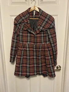 Mural Red/Black Plaid Wool Babydoll Coat Jacket SZ M New - Picture 1 of 7