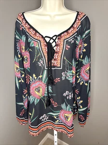 FLYING TOMATO blouse tunic top tassel front SIZE LARGE Floral Flowy V-Neck - Picture 1 of 11