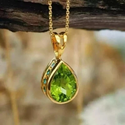 2Ct Pear Cut Natural Green Peridot 14k Yellow Gold Plated 925 Pendant With Chain - Image 1 of 4