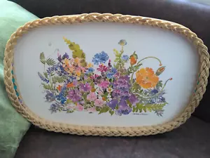 Vintage SMIT Wicker & Bead Tray - Cottage Garden Artwork by C Williamson 44x30cm - Picture 1 of 8