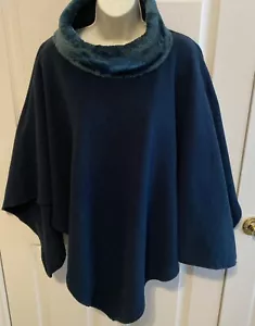 Le Moda Poncho, Dark Teal, Faux Fur Neck, With Tags - Picture 1 of 10