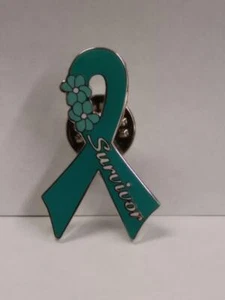Ovarian Cancer Teal Ribbon Flower Silver Plated Lapel Pin Tac Awareness SURVIVOR - Picture 1 of 2