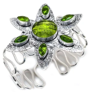 Green Peridot Gemstone Ethnic 925 Sterling Silver Handmade Jewelry Bangle/Cuff - Picture 1 of 8