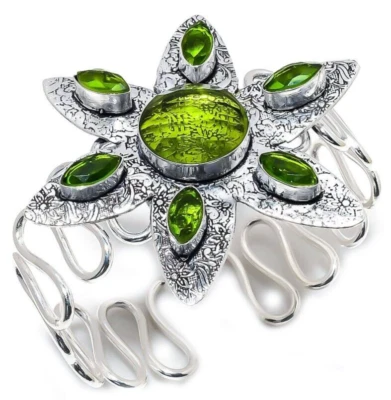 Green Peridot Gemstone Ethnic 925 Sterling Silver Handmade Jewelry Bangle/Cuff - Image 1 of 4