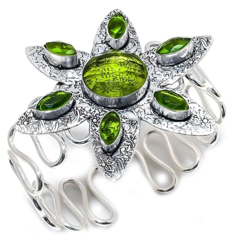 Green Peridot Gemstone Ethnic 925 Sterling Silver Handmade Jewelry Bangle/Cuff - Image 1 of 4