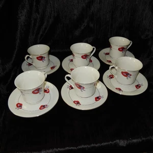 Set 6 Cups Saucer RED HAT SOCIETY Porcelain Gold DARICE Footed Mug 12 Pc - Picture 1 of 7