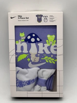 NUEVO CONJUNTO DE 3 PIEZAS NIKE RECIÉN NACIDO 6-12 MESES BABERO/BANDA PARA LA CABEZA/BODY MEZCLA DE ALGODÓN Foto 1 de 2