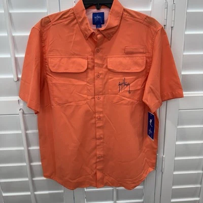 Guy Harvey Shirt Men S Orange Performance Fishing Vented Button Up SPF Casual - Image 1 of 4