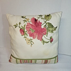 Besticktes Blumen Dekokissen 16 x 16 Landhaus Kern rosa gestreift Bordüre - Bild 1 von 6