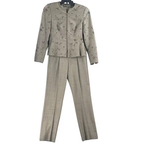 Escada Suit Womens 34 / M Gray Pure New Wool Floral Embroidered Jacket Pants Set - Picture 1 of 24