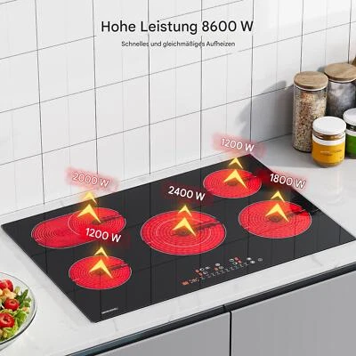 WEHIMO Kochfeld 77cm Glaskeramikkochfeld Elektro Autark rahmenlos 5 Zonen 9 Stufen 240V