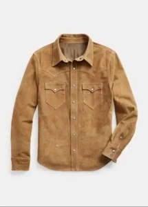 Men's Trucker Shirt Western Cowhide Suede Leather Jacket Shirt Cowboy Style - Picture 1 of 3