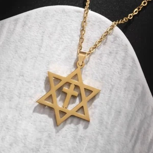 Gold Messianic Star of David, Christian Cross Necklace for Men & Women Gift - Picture 1 of 3