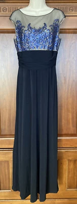 EUC DAVID MEISTER BLACK W/BLUE SEQUIN DESIGN MAXI DRESS Size 8 - Image 1 of 4