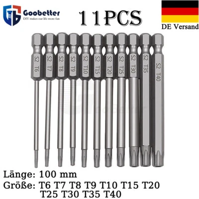 11tlg 100mm Torx Bit Set T6 T7-T40 Sechskantschaft Sicherheit Lang Loch S2 Stahl - Bild 1 von 4