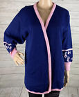 Willow Ridge True Vintage Cardigan Sweater Small Navy Blue Pink Floral Trim Knit