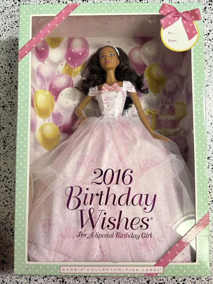 Новая коллекционная кукла Barbie 2016 с пожеланиями на день рождения розовая этикетка афроамериканка новая в коробке  - Изображение 1 из 1