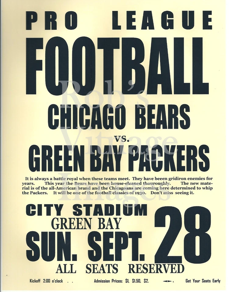 Green Bay Packers vs Chicago Bears Vintage Game poster 1930 NFL History   13X19 - Image 1 of 1