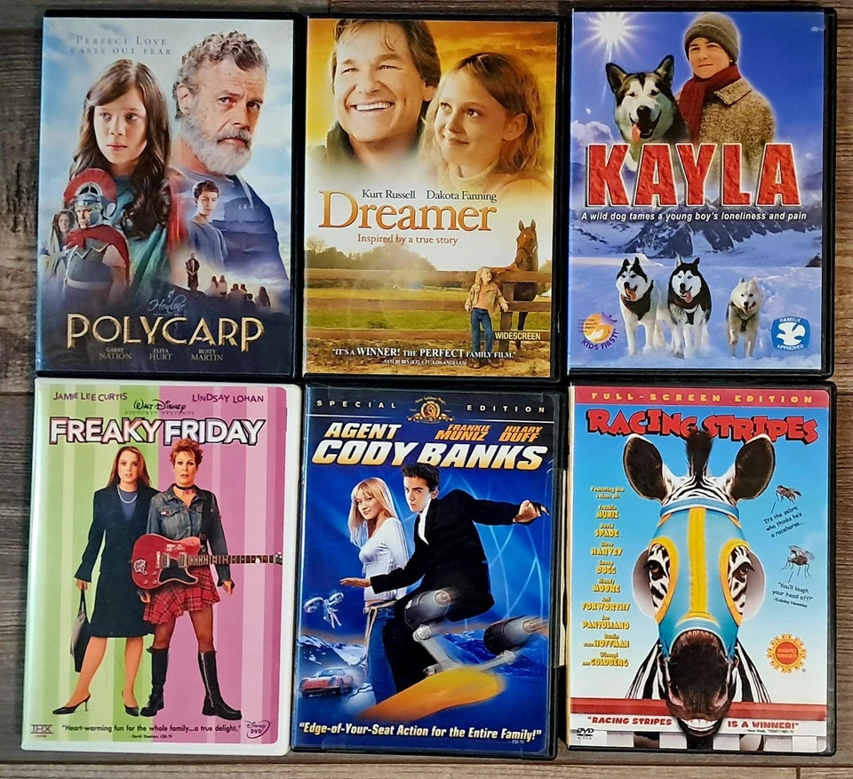 6 children's, young teen DVD movies VG - Polycarp, Dreamer, Kayla, Freaky Friday - Image 1 of 1
