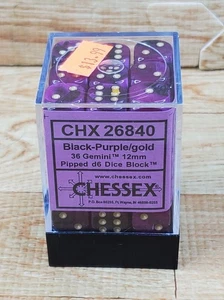 Chessex Dice D6 Black Purple and Gold Gemini 36 Count 12mm Pipped CHX26840 - Picture 1 of 4