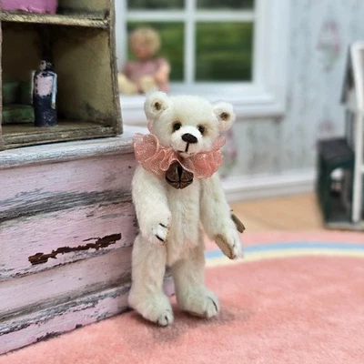 Dollhouse Miniature White Jointed Teddy Bear With Pink Ruffle By Bear Paw OOAK - Image 1 of 4