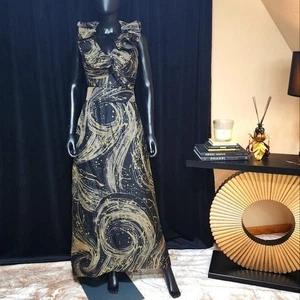 VESTIDO MUJER LYDIA XS NEGRO DORADO ESTAMPADO METÁLICO SIN MANGAS VOLANTES CUELLO MAXI - Imagen 1 de 13