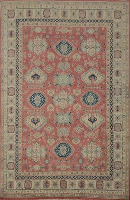 Alfombra kazaja rosa tinte vegetal 9x12 pies alfombra de lana oriental anudada a mano Foto 1 de 4