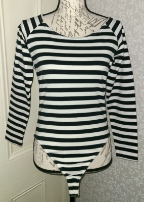 DKNY Jeans black & white striped long sleeved cotton bodysuit, ladies' size L - Image 1 of 4